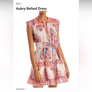 NWOT BELL Aubry Belted Cotton tiered Dress size Medium red blue cream pattern